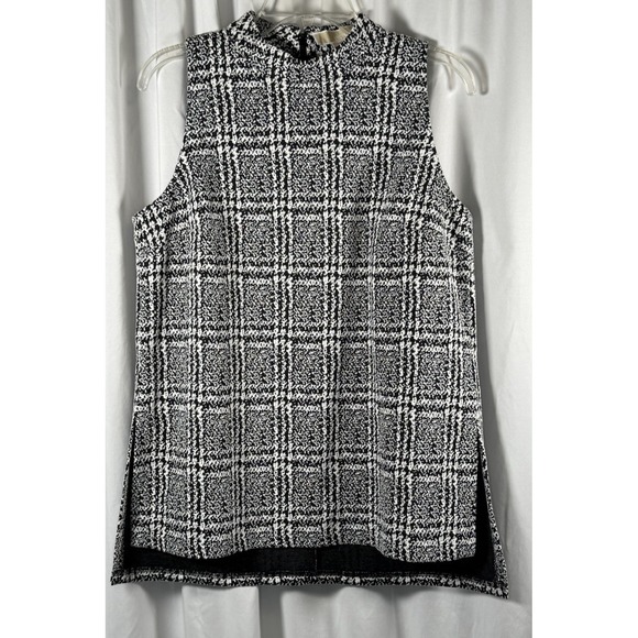 Michael Kors Houndstooth Sleeveless Top Mock Neck Career Black White L 86-34 - Picture 1 of 16